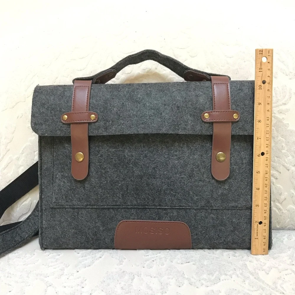 Charcoal Felt Laptop Shoulder Bag with Faux Leather Accents - 13-13.3 inch